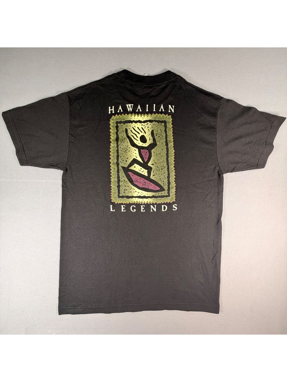 VTG Hawaiian Legends Shirt Mens M Black Woodcut Surfer Graphic Surf Hawaii Tee